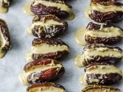 Halva-Stuffed Dates with Tahini and Dark Chocolate