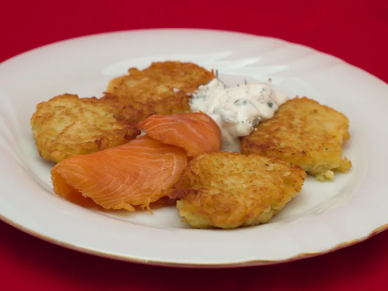 Crispy Parsnip Potato Pancakes with Smoked Fish and Caper Cream