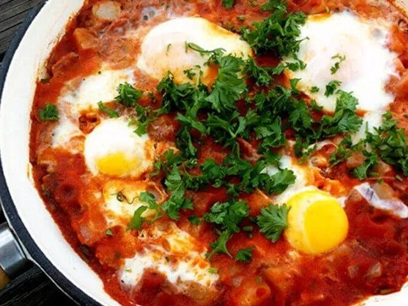 Shakshuka-Style Eggs in Bacon Turnip Tomato Sauce