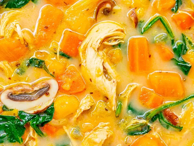 Creamy Sweet Potato Chicken Soup with Spinach