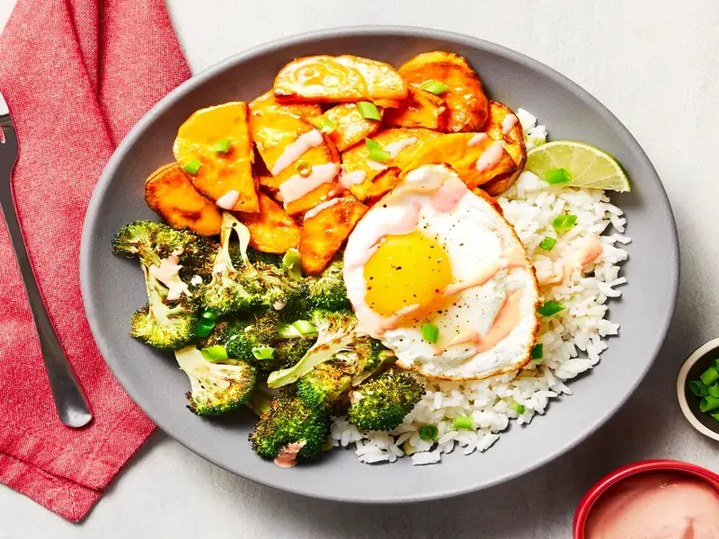 Honey Miso Broccoli Donburi with Sweet Potato and Fried Eggs