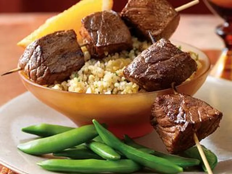 Moroccan Beef Kabobs with Spiced Bulgur
