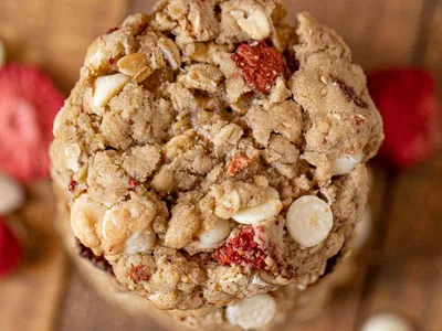 Freeze Dried Strawberry White Chocolate Oatmeal Cookies