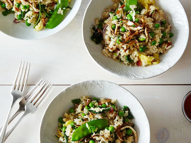 Springtime Bacon and Egg Fried Rice with Fresh Vegetables