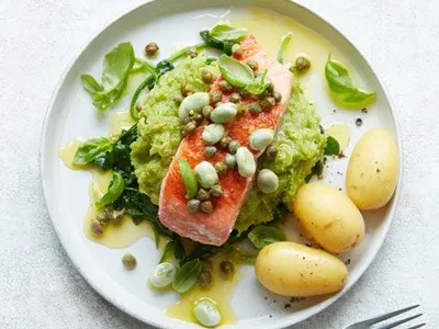 Lemon Salmon with Leek and Broad Bean Purée
