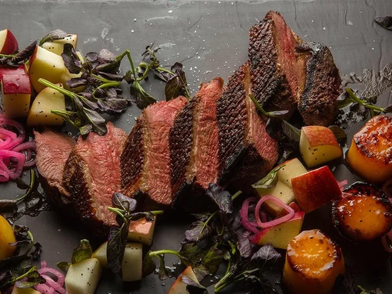 Seared Duck Breast with Glazed Sweet Potatoes and Pickled Garnishes