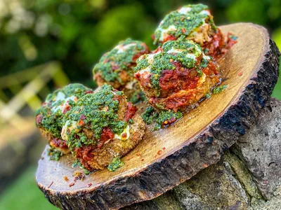 Crispy Eggplant Stacks With Burrata and Pistachio Pesto