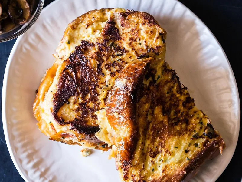 Savory Gruyère Stuffed French Toast with Sautéed Mushrooms
