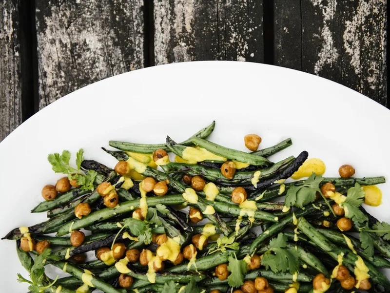 Grilled Green Beans With Crispy Chickpeas & Curry Yogurt
