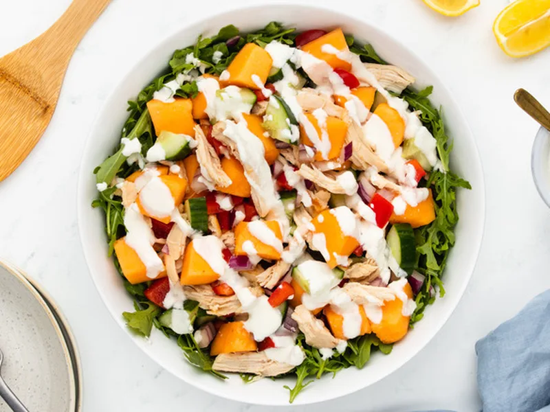 Chicken and Melon Salad with Creamy Feta Dressing