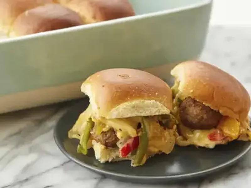 Philly Cheese Steak Meatball Sliders with Peppers and Onions