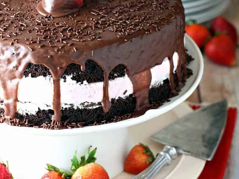 Chocolate Covered Strawberry Ice Cream Cake with Ganache