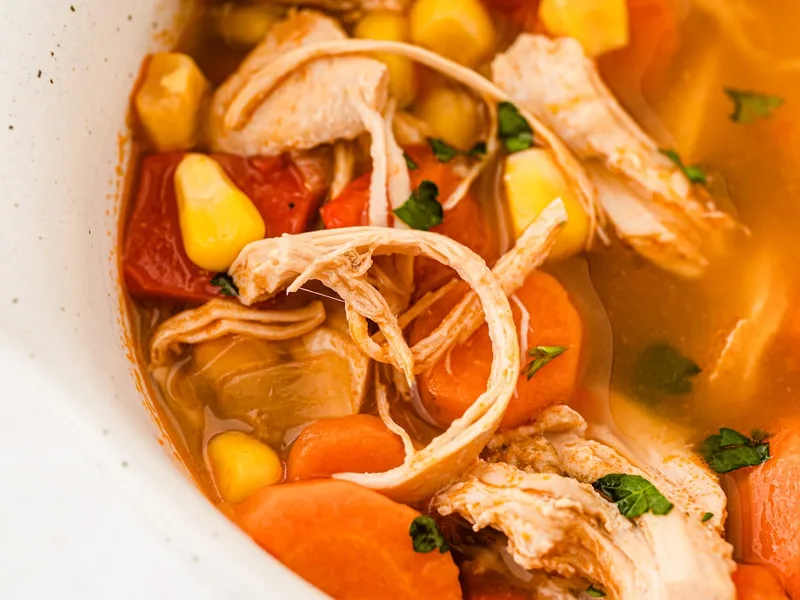 Quick BBQ Chicken Soup with Corn and Bell Peppers