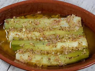 Warm Leeks with Mustard Vinaigrette and Hazelnuts