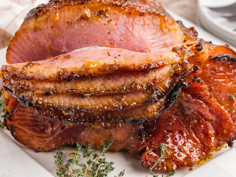 Riesling Peach Glazed Baked Ham with Sweet Wine Reduction