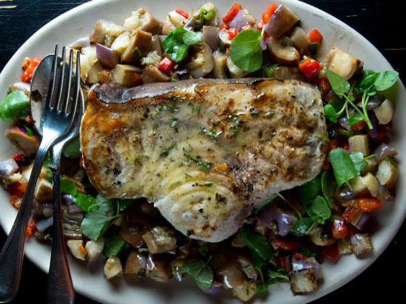 Grilled Swordfish With Charred Eggplant-Pepper Salad