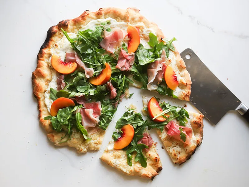 Ricotta Pizza with Arugula, Prosciutto and Nectarine