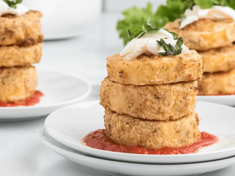 Air Fryer Polenta Lasagna Cakes with Burrata and Marinara