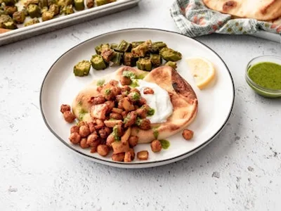 Roasted Chickpea Doubles with Naan and Spiced Okra