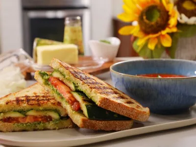 Grilled Zucchini Pesto Sandwich and Creamy Tomato Soup