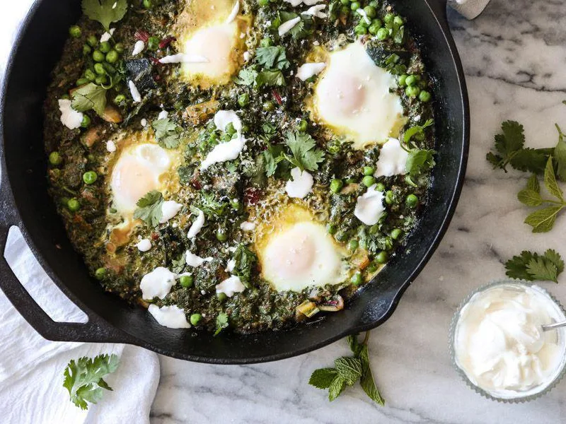 Green Shakshuka with Chard, Zucchini and Peas
