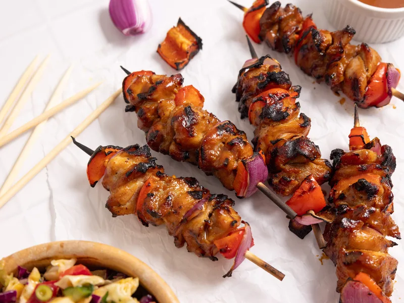Honey BBQ Chicken Skewers with Bell Peppers and Red Onion