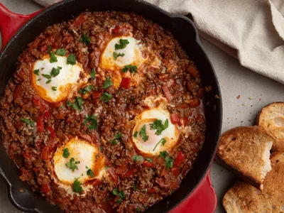 Beef Bolognese with Baked Eggs for Breakfast