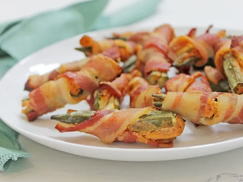 Bacon Wrapped Stuffed Okra with Cream Cheese and Cajun Spices