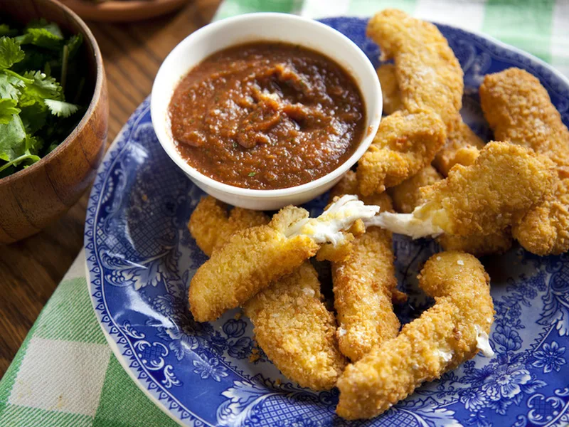 Double-Breaded Oaxacan Cheese Sticks with Spicy Cilantro Salsa