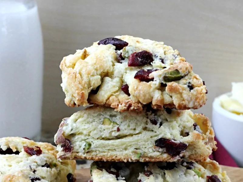 Dried Cherry Pistachio Scones with Orange Glaze