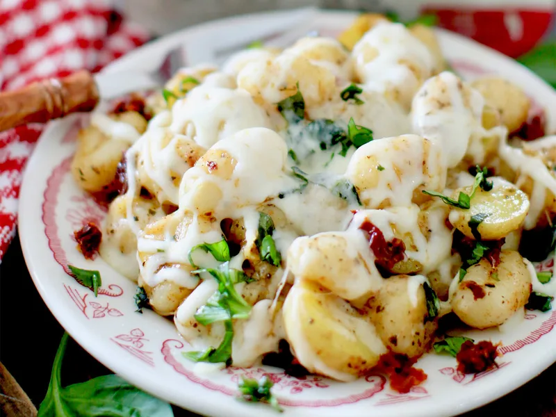 Cheesy Italian Potatoes and Gnocchi with Sun-Dried Tomatoes