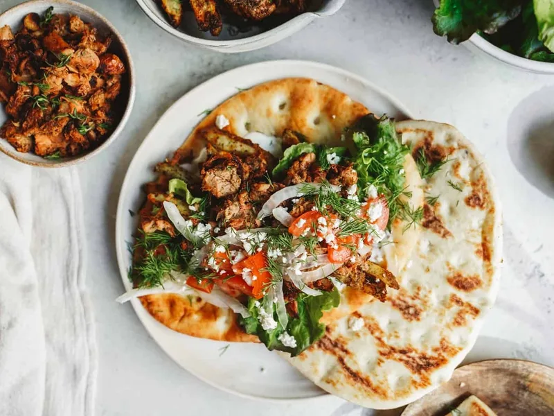 Plant-Based Jackfruit Gyros with Crispy Oven Fries