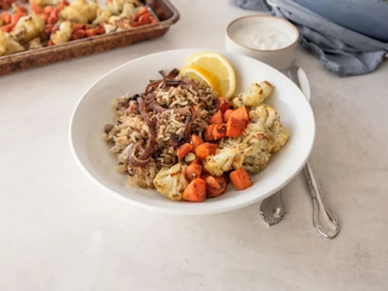 Middle Eastern Mujadara with Caramelized Onions and Roasted Vegetables