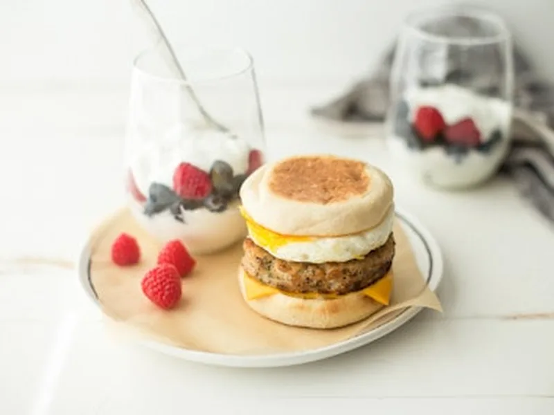 Turkey Sausage Breakfast Sandwich with Berry Parfait