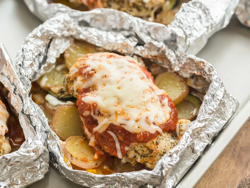 Grilled Chicken Parmesan Foil Packets with Roasted Veggies