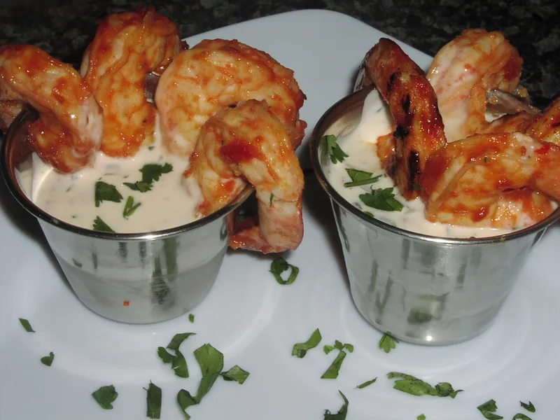 Grilled Jumbo Shrimp with Spicy Asian Marinade and Cilantro Mayo