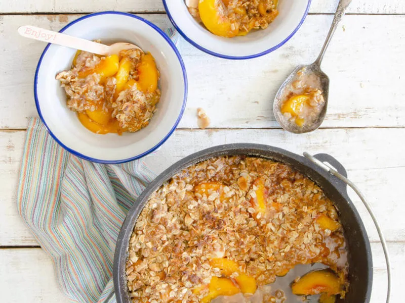 Campfire Dutch Oven Peach Crisp with Almonds