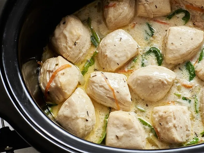 Slow Cooker Chicken and Dumplings with Spinach