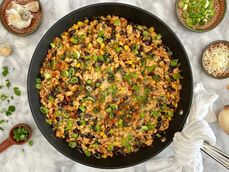 Ground Turkey Enchilada Casserole with Black Beans and Corn