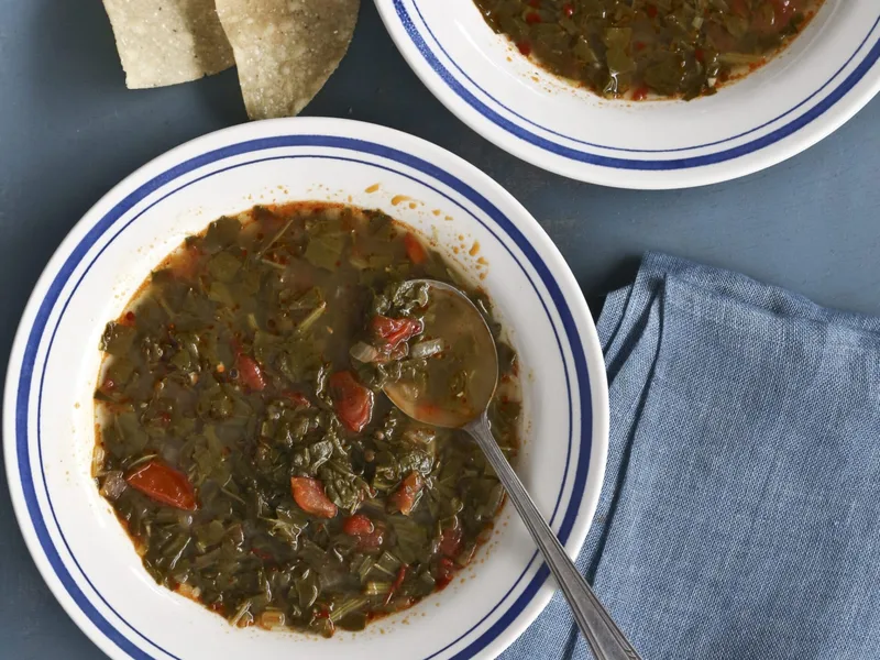 Eddie Hernandez' Braised Turnip Greens with Chile de Arbol
