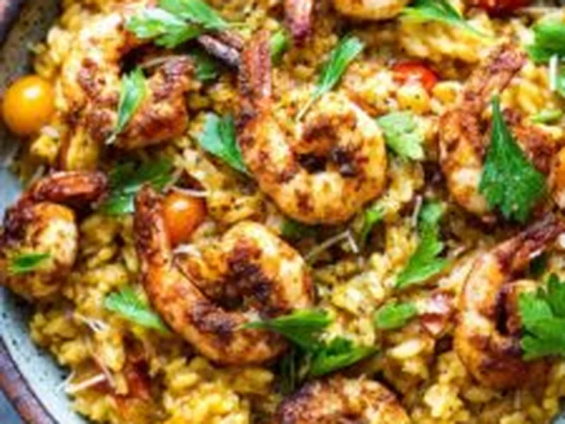 Saffron Tomato Risotto with Seared Shrimp