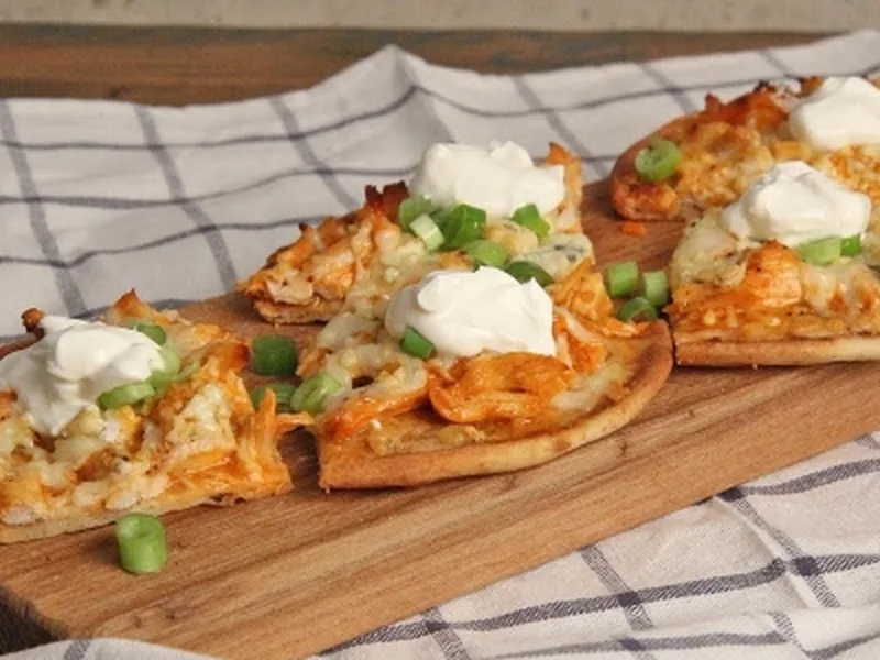 Quick Buffalo Chicken Flatbread with Blue Cheese and Mozzarella