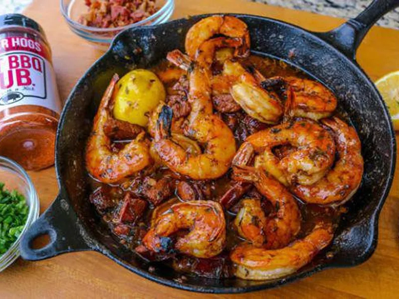 Grilled BBQ Shrimp and Cheese Grits with Sausage