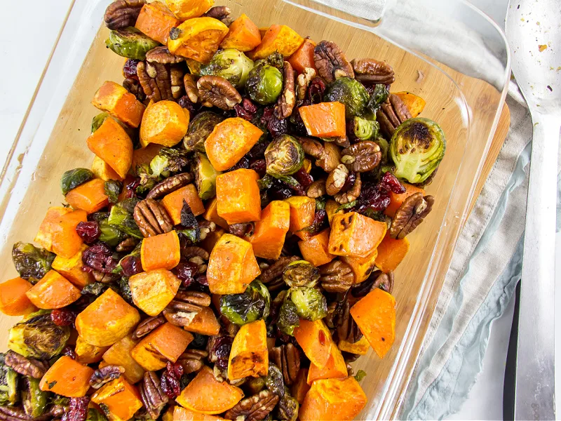 Roasted Sweet Potato Brussels Sprouts with Candied Pecans