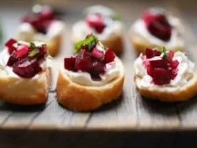 Beet Bruschetta with Goat Cheese and Basil