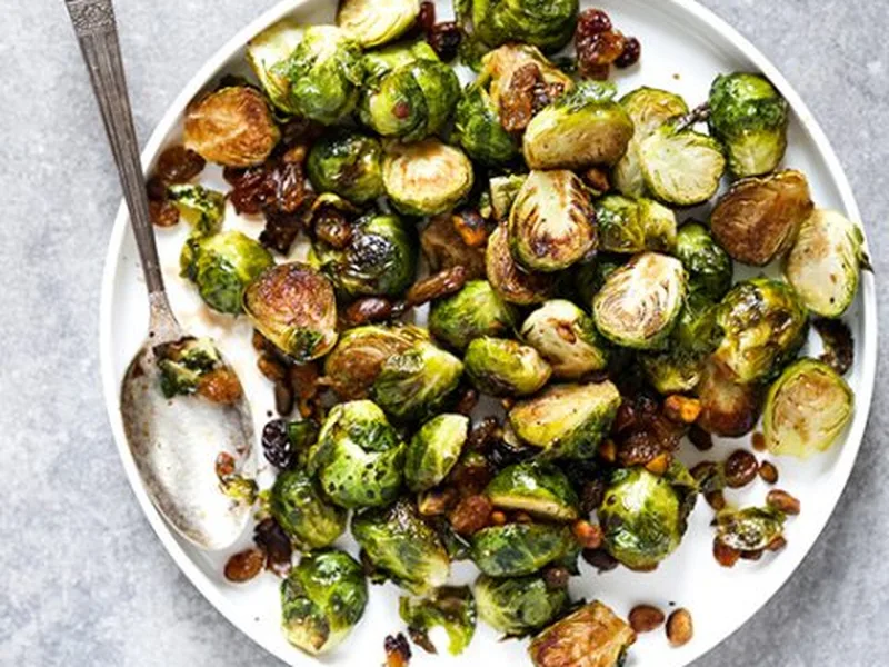 Roasted Brussels Sprouts with Raisins and Pistachios