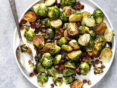 Roasted Brussels Sprouts with Raisins and Pistachios