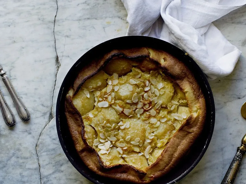 Classic French Peach Almond Clafoutis with Slivered Almonds
