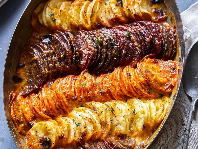Cheesy Root Vegetable Gratin with Sweet Potato and Parsnips