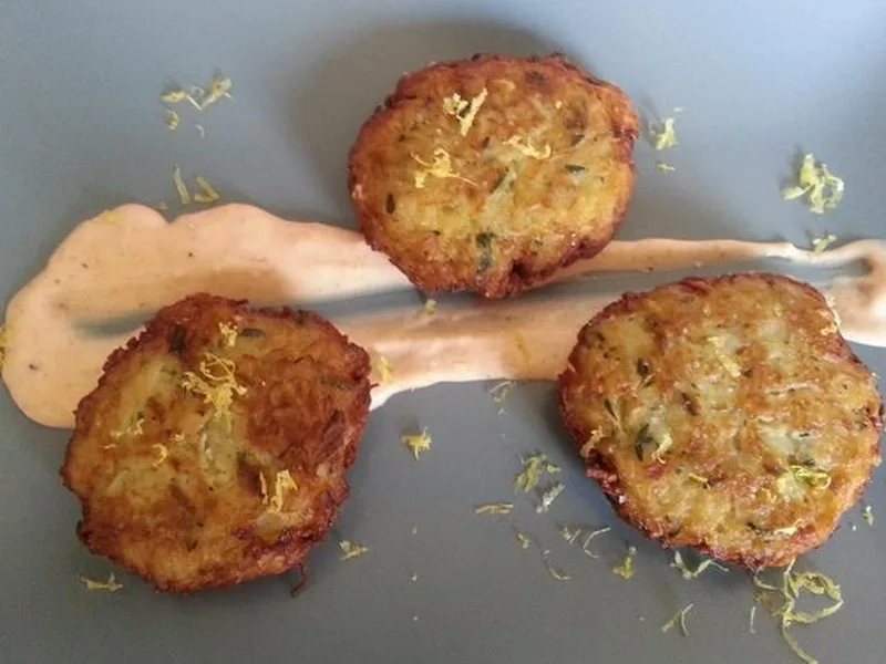 Crispy Sunchoke Latkes with Lemon Sriracha Aioli